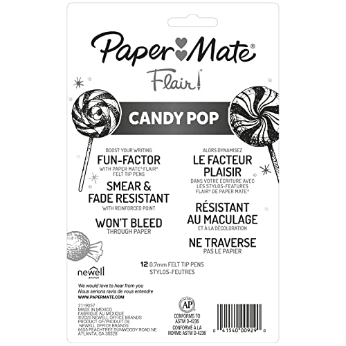 Paper Mate Flair Felt Tip Pens, Medium Point (0.7mm), Limited Edition Candy Pop Pack, Assorted Colors, 12 Count