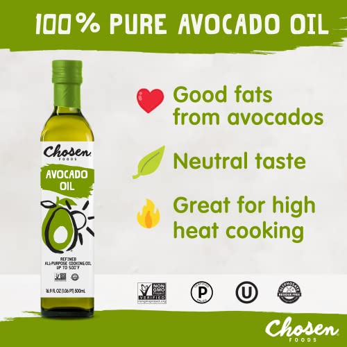 Chosen Foods 100% Pure Avocado Oil, Keto and Paleo Diet Friendly, Kosher Oil for Baking, High-Heat Cooking, Frying, Homemade Sauces, Dressings and Marinades