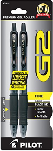PILOT G2 Premium Refillable & Retractable Rolling Ball Gel Pens, Fine Point, Black Ink, 2-Pack (31031)