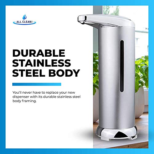 All Clean - Automatic Soap Dispenser Equipped with Stainless Steel, Adjustable Switches, Infrared Motion Sensor, Waterproof Base, Suitable for Bathroom Kitchen Hotel Restaurant (Silver)