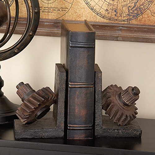 Deco 79 Polystone Gear Bookends, Set of 2 5"W, 7"H, Brown