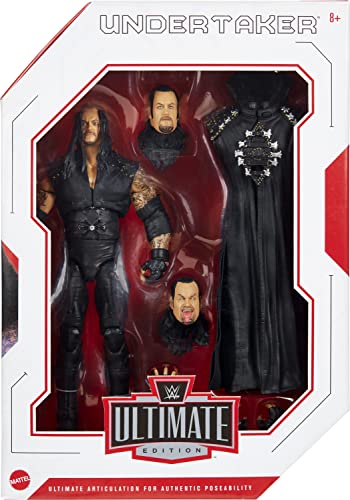 WWE Ultimate Edition Undertaker Action Figure, 6-inch Collectible with Extra Heads, Swappable Hands & Wrestlemania XIV Entrance Jacket for Ages 8 Years Old & Up