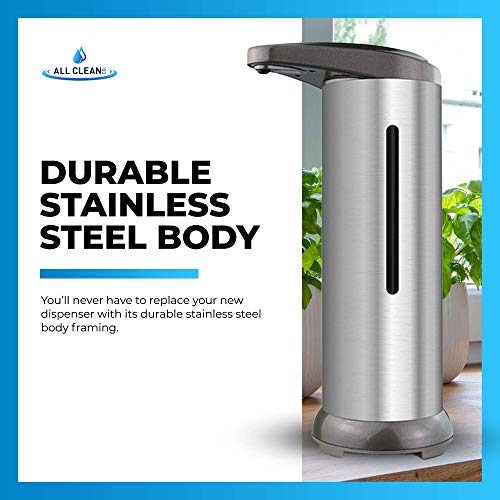All Clean - Automatic Soap Dispenser Equipped with Stainless Steel, Adjustable Switches, Infrared Motion Sensor, Waterproof Base, Suitable for Bathroom Kitchen Hotel Restaurant (Stainless Steel)