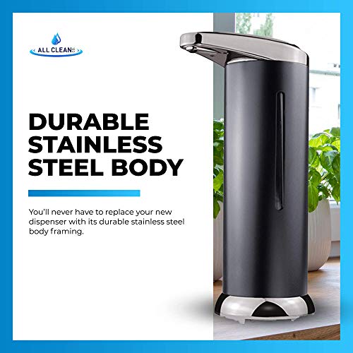 All Clean - Automatic Soap Dispenser Equipped with Stainless Steel, Adjustable Switches, Infrared Motion Sensor, Waterproof Base,Suitable for Bathroom Kitchen Hotel Restaurant (Black)