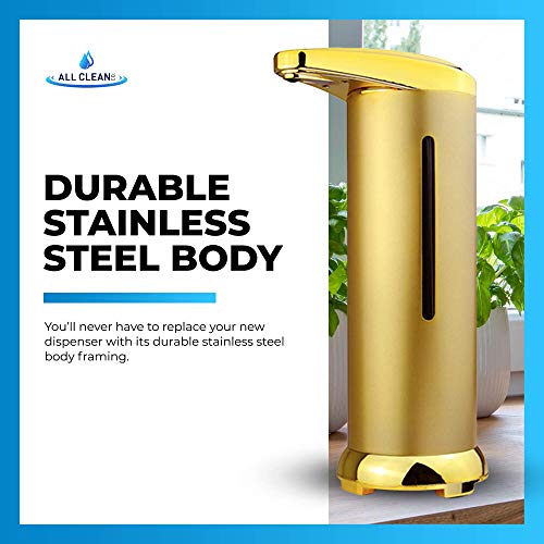All Clean - Automatic Soap Dispenser Equipped with Stainless Steel, Adjustable Switches, Infrared Motion Sensor, Waterproof Base, Suitable for Bathroom Kitchen Hotel Restaurant (Gold)