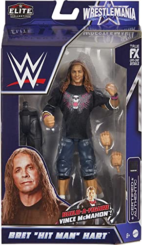 WWE Bret “Hit Man” Hart Wrestlemania Action Figure with Entrance Shirt & Vince McMahon Build-A-Figure Pieces, 6-in Posable Collectible Gift for WWE Fans Ages 8 Years Old & Up