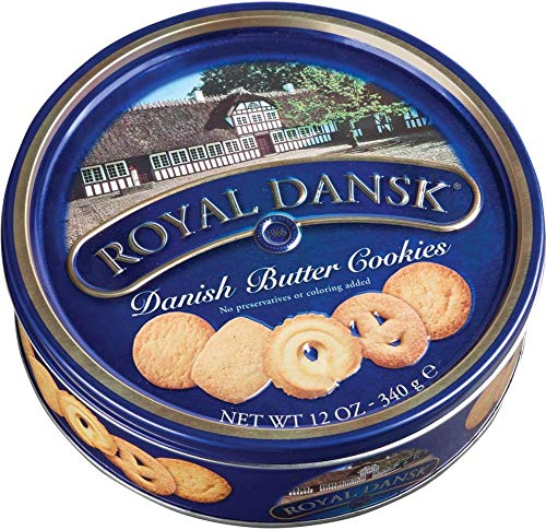 Royal Dansk 81997 Danish Butter Cookies (Pack of 8), Blue Flat Display, Reusable Classic Tin Filled, Made of Real Butter, No Preservatives or Coloring Added, Net Weight 12 Ounce (340 gr)